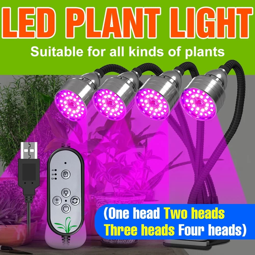 Lampada LED a Spettro Completo per Piante, Luce da Tavolo USB 5V per Coltivazione Indoor, Sistema Idroponico per Serre, Illuminazione per Fiori, Semi e Verdure