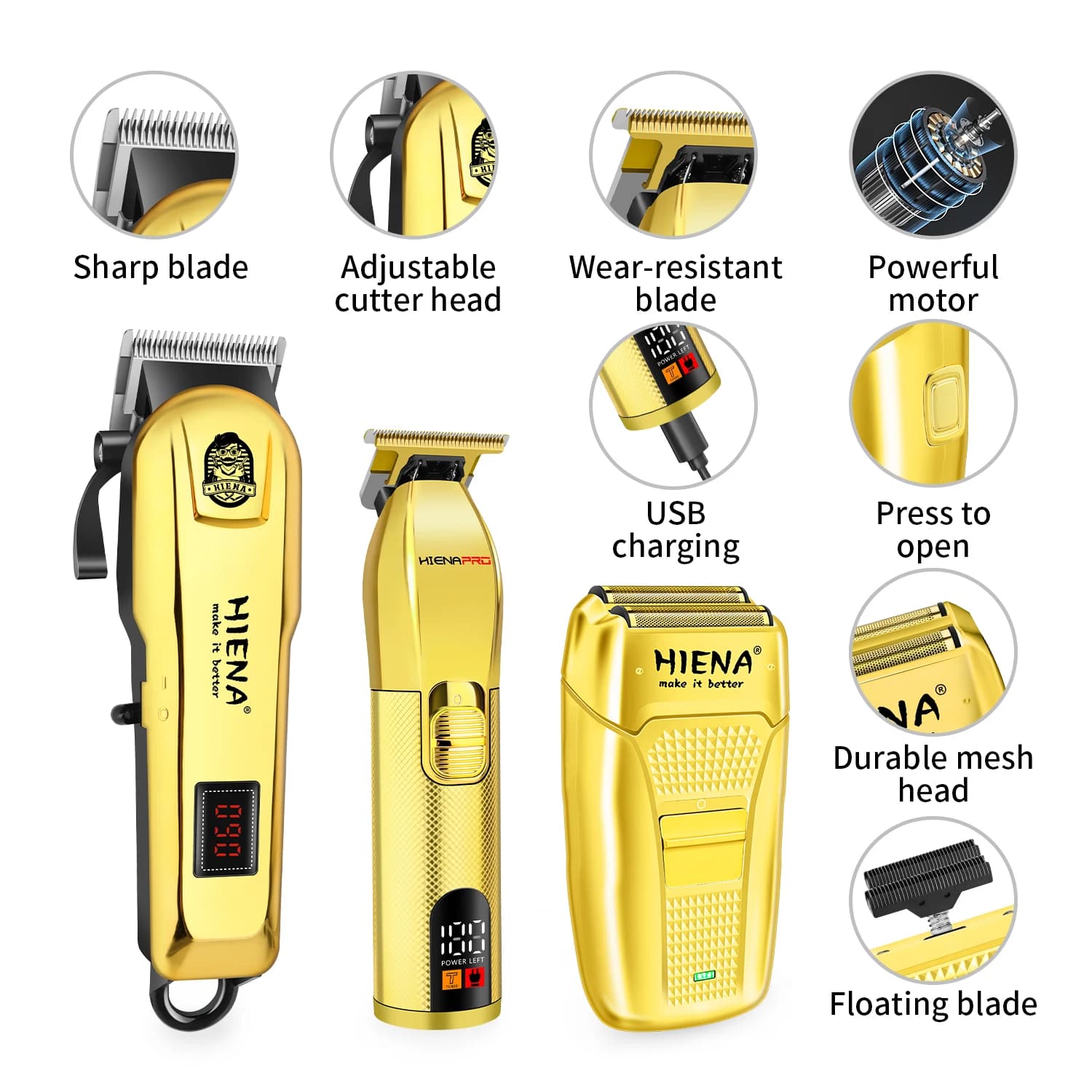 Kit Tagliacapelli HIENA 3-in-1 Gold, Trimmer Senza Fili con Display LED e Rasoio a Lamina, Set per la Cura Personale Ricaricabile USB per Uomo