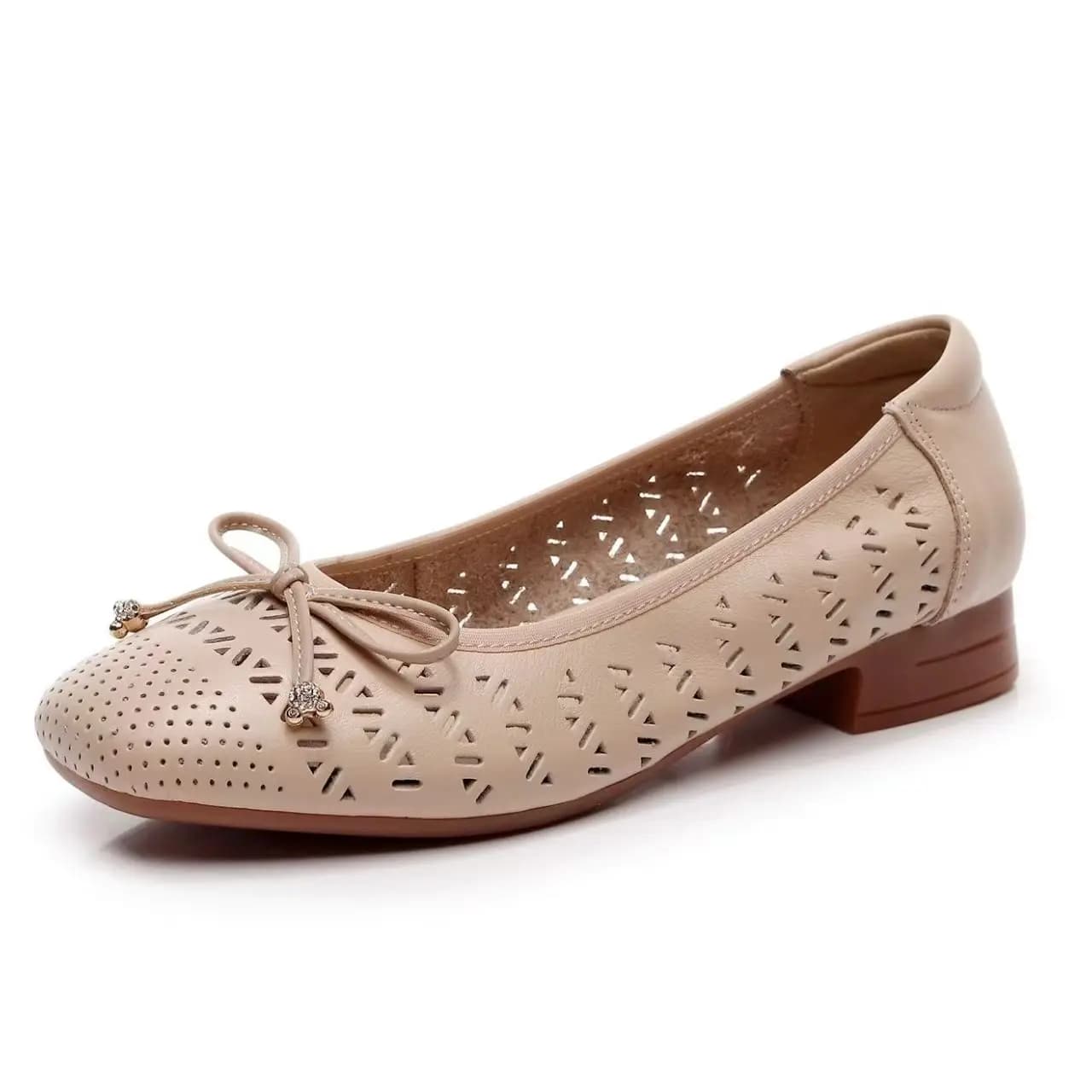 Women's Genuine Leather Hollow Bowknot Nude Shoes Spring Summer New Soft sole Round Toe Shallow Slip On Low Heel Cave Sandals
