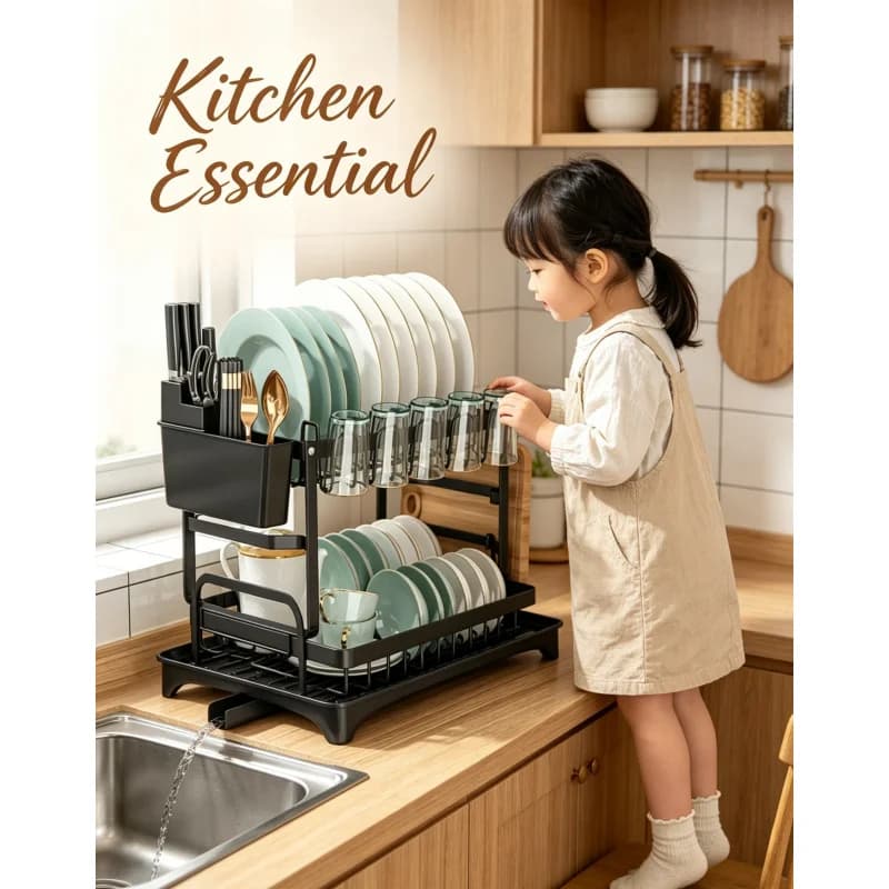 Nuovo Scolapiatti da Cucina da Appoggio con Portabicchieri e Portacoltelli, Organizzatore Multifunzionale per Piatti e Bacchette