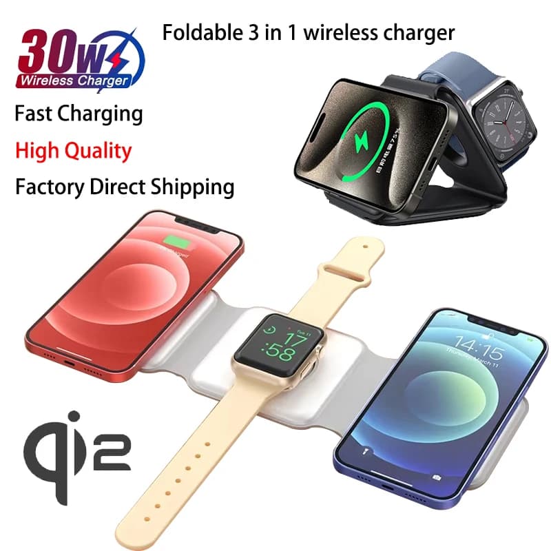Adattatore di alimentazione per caricabatterie da viaggio per stazione di ricarica pieghevole magnetica wireless 3 in 1 da 30 W per caricabatterie multifunzione per iPhone