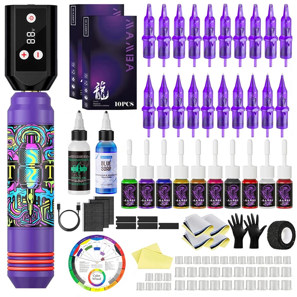 Tattoo Machine Kit Plastic Tattoo Pen Kit With 1200mAh Wireless Tattoo Battery Transfer Stencil Gel Tattoo Ink For Body Art