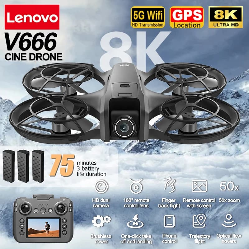 Drone Aereo Mini Lenovo V666 con Fotocamera 8K HD, Pieghevole, Evitamento Ostacoli Intelligente, Telecomando con Schermo, Motore Brushless