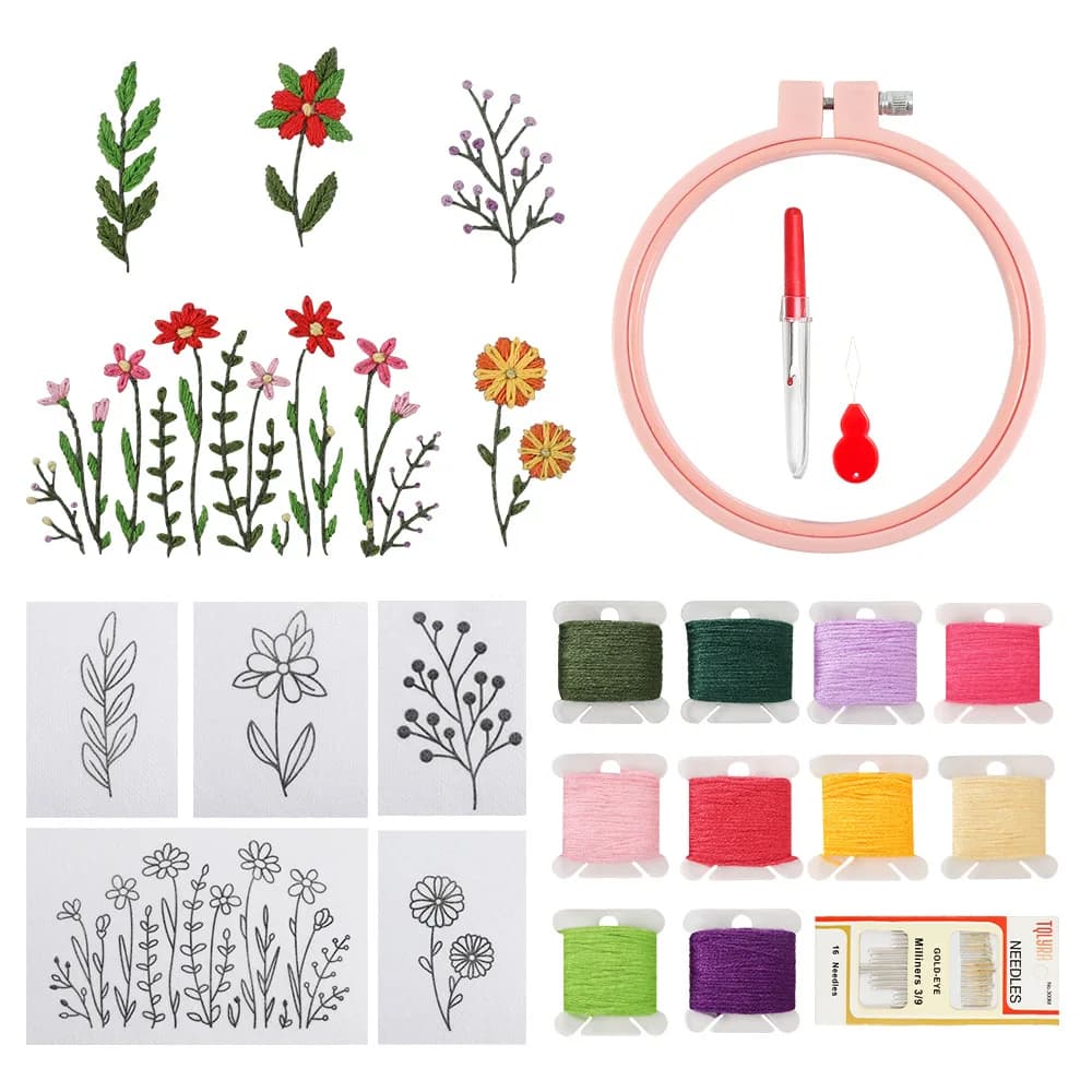 Nuovo kit ricamato a fiori per principianti Confezione di materiali fai-da-te fatti a mano Modello floreale Punto croce con accessori per strumenti per cucire a cerchio