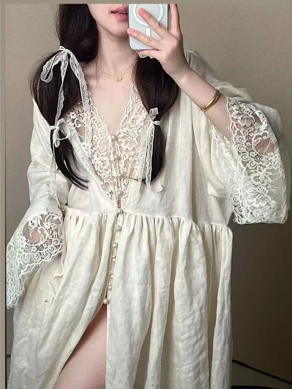 Large Size Court Style Lace Trim Sleep Robe Bath Robe Women Spring Summer Autumn Loose Home Clothes Sleep Dress