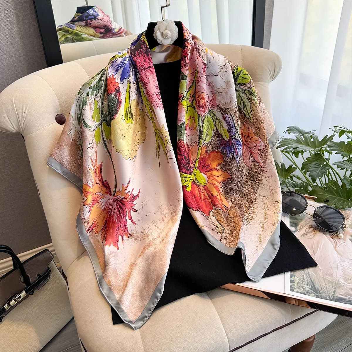Primavera e l'estate Design floreale 90 * 90 cm Sciarpa da donna Protezione solare Foulard Scialle Hijab Capelli femminili Hijab Avvolge Fazzoletto da collo Bandanda
