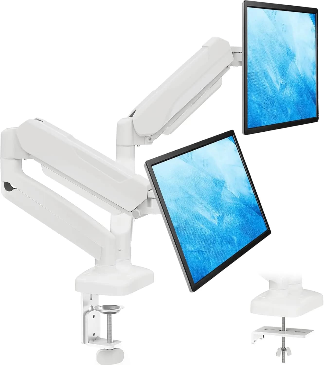 Supporto per due monitor da scrivania, altezza regolabile, attacco VESA con morsetto a C e base con passacavo, contiene 2 monitor fino a 32 pollici