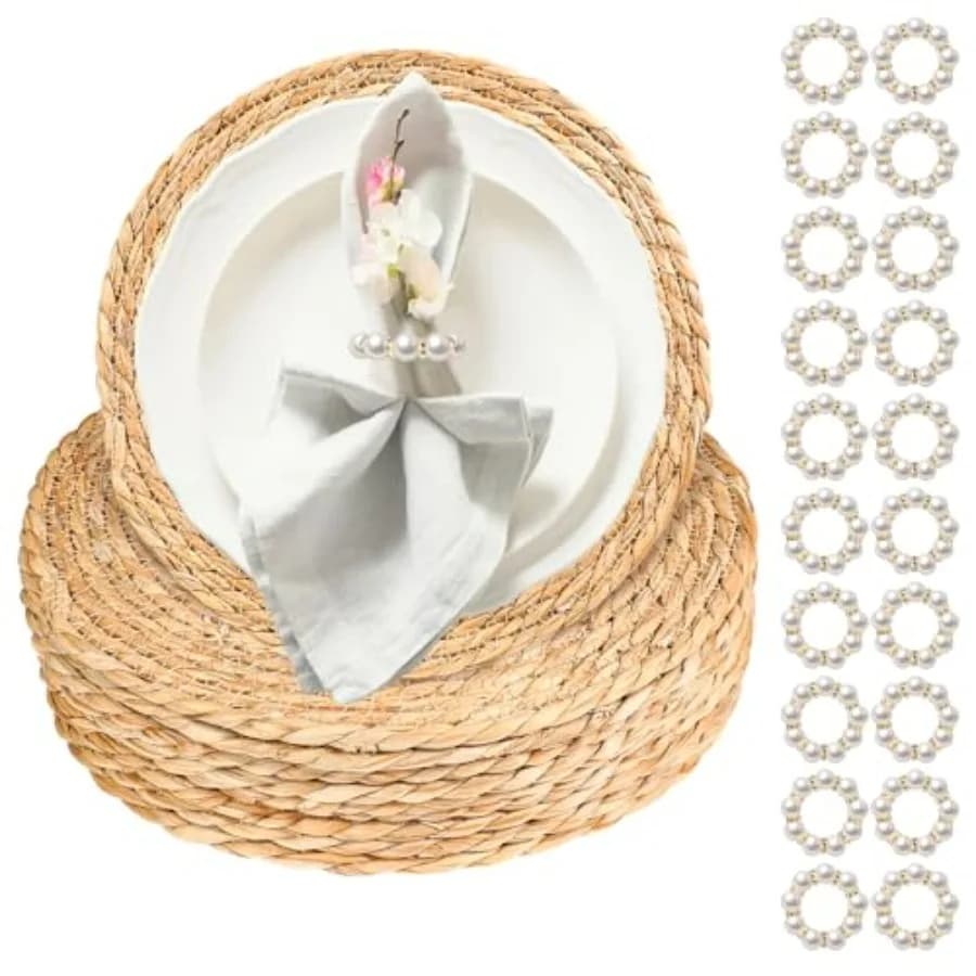 20 Pezzi Tovagliette Rotonde Intrecciate da 12 Pollici con 20 Anelli Portatovaglioli Perlati, Tovagliette in Rattan, Set di Tovagliette Boho Intrecciate in Giacinto d'Acqua Naturale