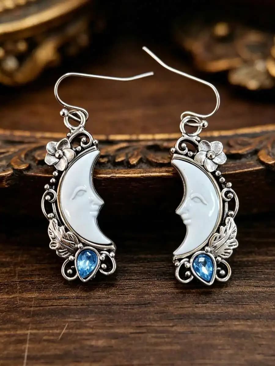 1 Pair Vintage New Moon Shaped Earrings, Creative Sapphire Blue Moon Face Carved Women Fashion Dangle Earrings