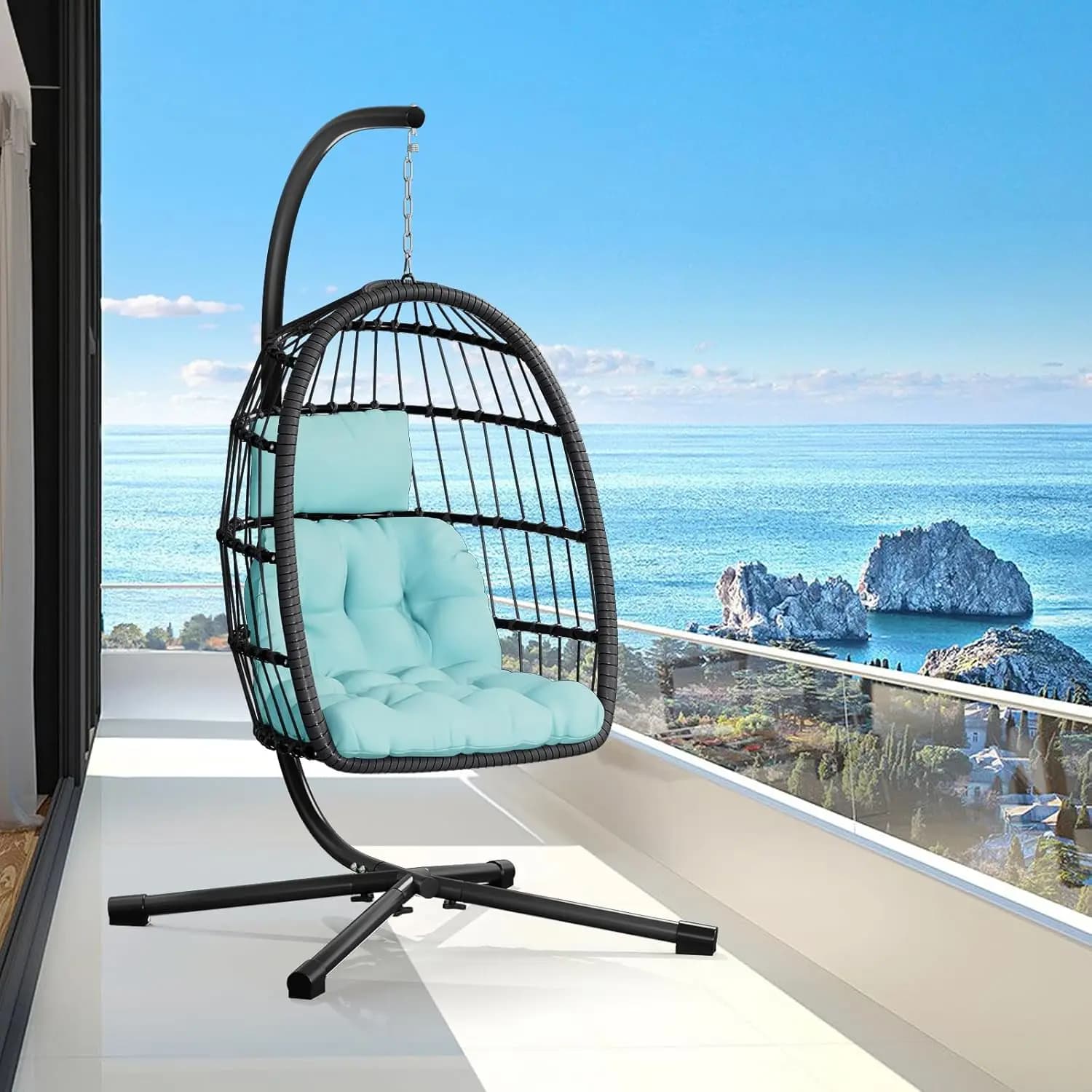 Egg chair with support – Rattan swing, 350 pounds, UV cushion, aluminum frame