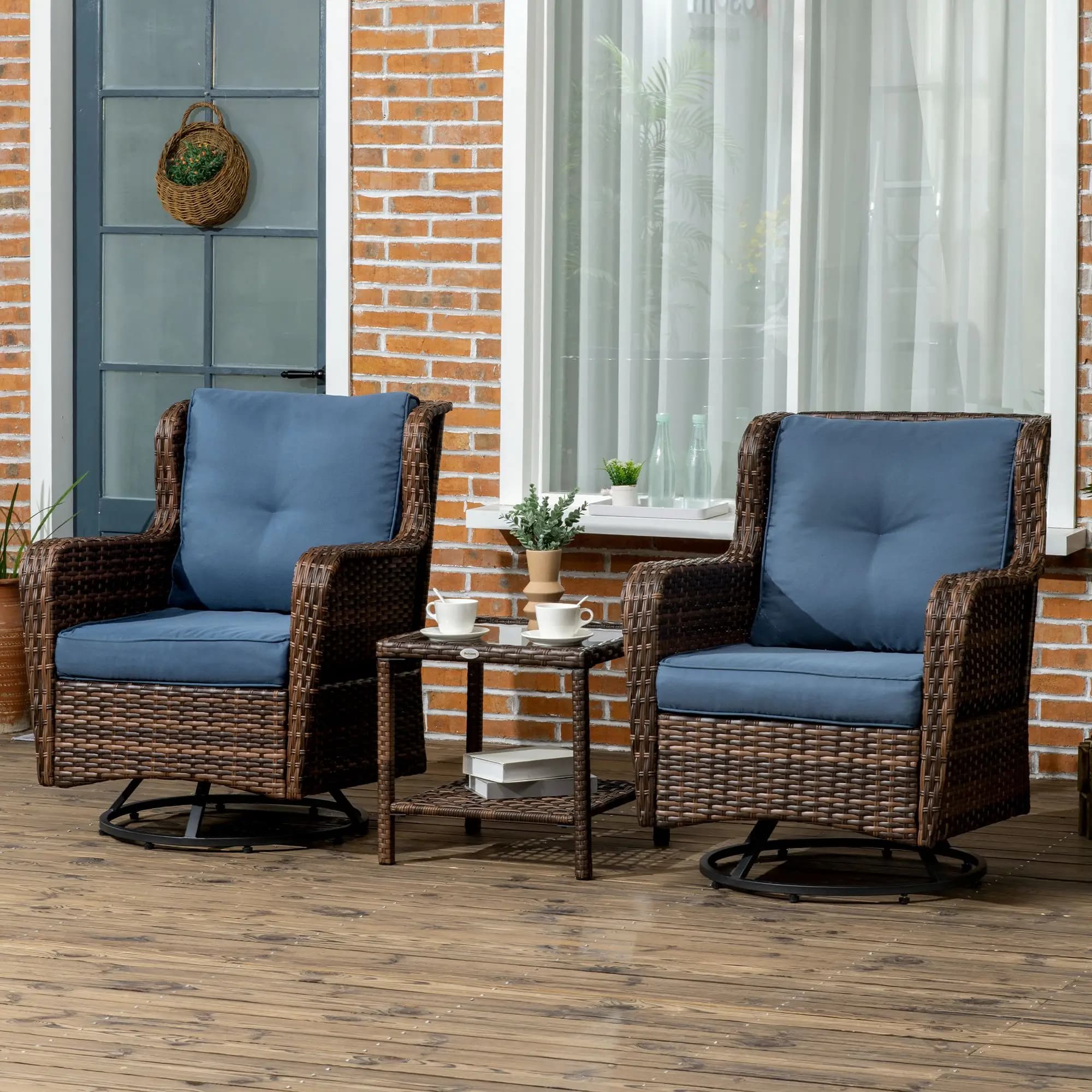 Outdoor Set Swivel and Reclining for Patio, 3 Pieces: Chairs in Vimini, Tempered Glass Table, Garden Furniture Padded for Conversation