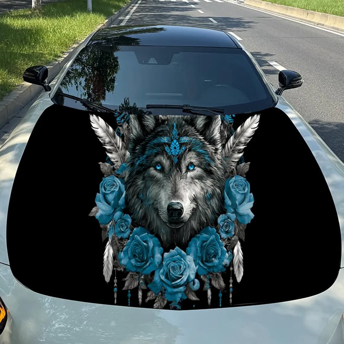 Magical Blue Floral Dreamcatcher Wolf Auto Cover Sticker, Waterproof and Self-adhesive Auto Hood Decal, Auto Vinyl Wraps, Cool C