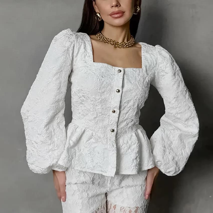 Elegant woman's blouse with jacquard square neck and sleeves, top with buttons on the front and peplum, for parties, office and everyday use
