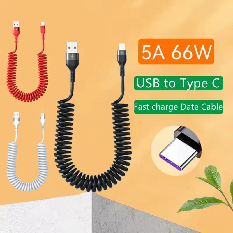 Cavo dati da USB a tipo C da 66 W 5A Cavo di trazione con trazione a molla USB C a ricarica rapida per iPhone Xiaomi Huawei Sumsung Linea di caricabatterie per telefono