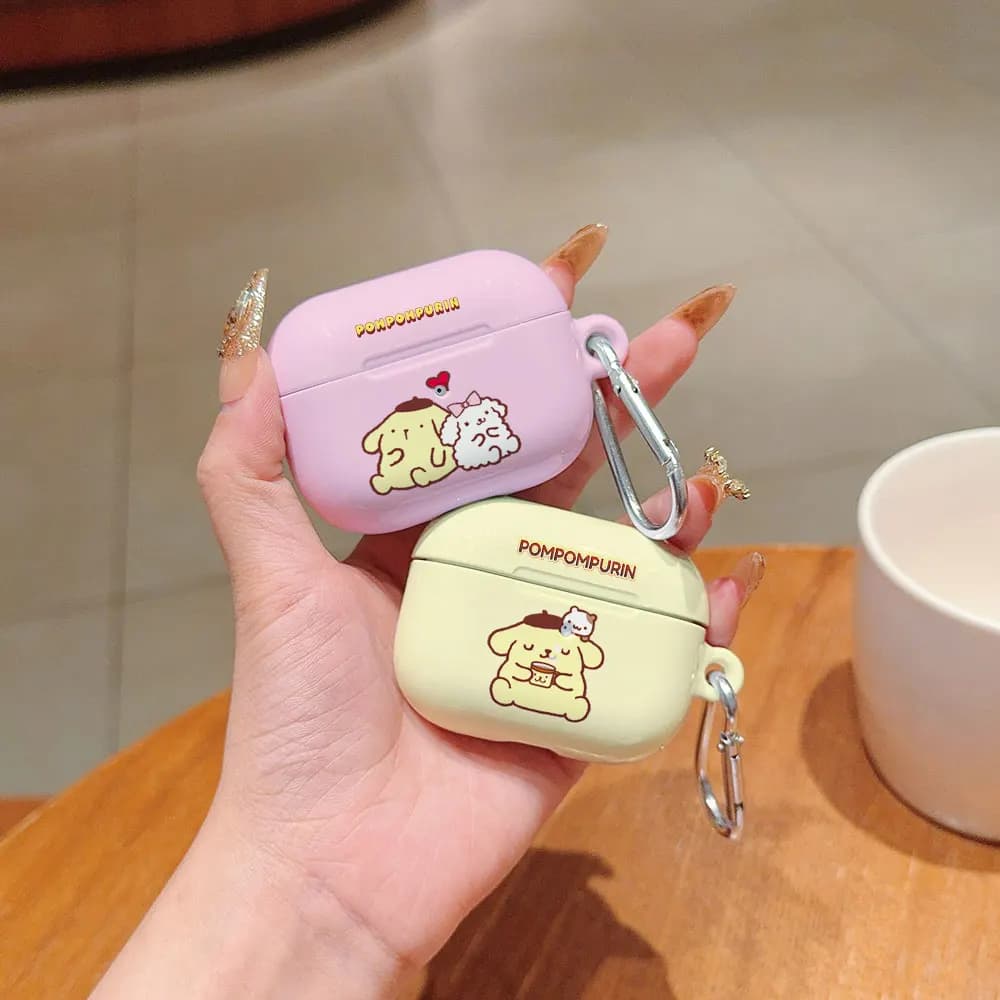 Sanrio PomPomPurin Protective Hard HD Shockproof Protective Case for PC Headphones for AirPods 1 2 3 Pro Pro2 with Metal Hook