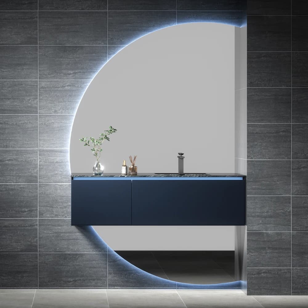 Mobile da Bagno in Acciaio Inox con Lavabo Singolo, Specchio Illuminato a Parete, Armadietto per Hotel