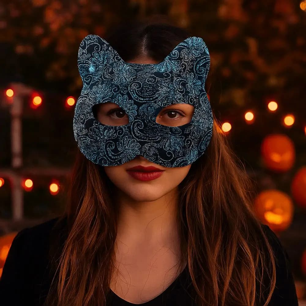 Cat Shape Plastic Mask with Flowers, Halloween Mask, Polished Black Mask in Half Face for Girls