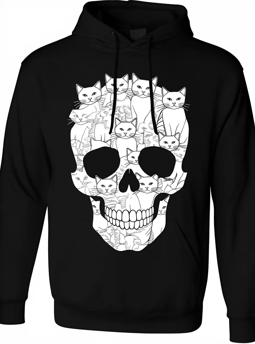 Felpa con cappuccio da uomo con gatto nero gotico e teschio, misto cotone, tasca a marsupio, manga/Kanji, Halloween/casual