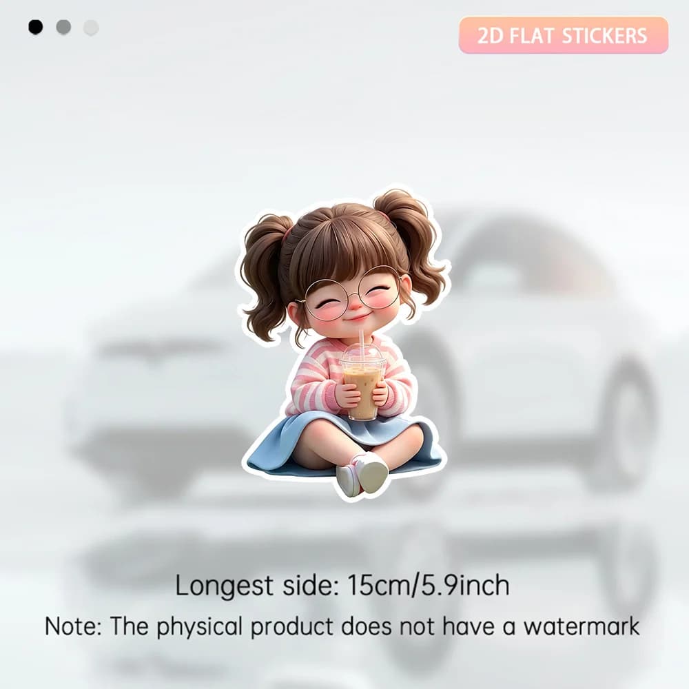 1Pc 2D Flat Cute Girl With Milk Tea Vinyl Sticker, Waterproof Decal for Car Fuel Cap Fridge Laptop Decor, Holiday Gift