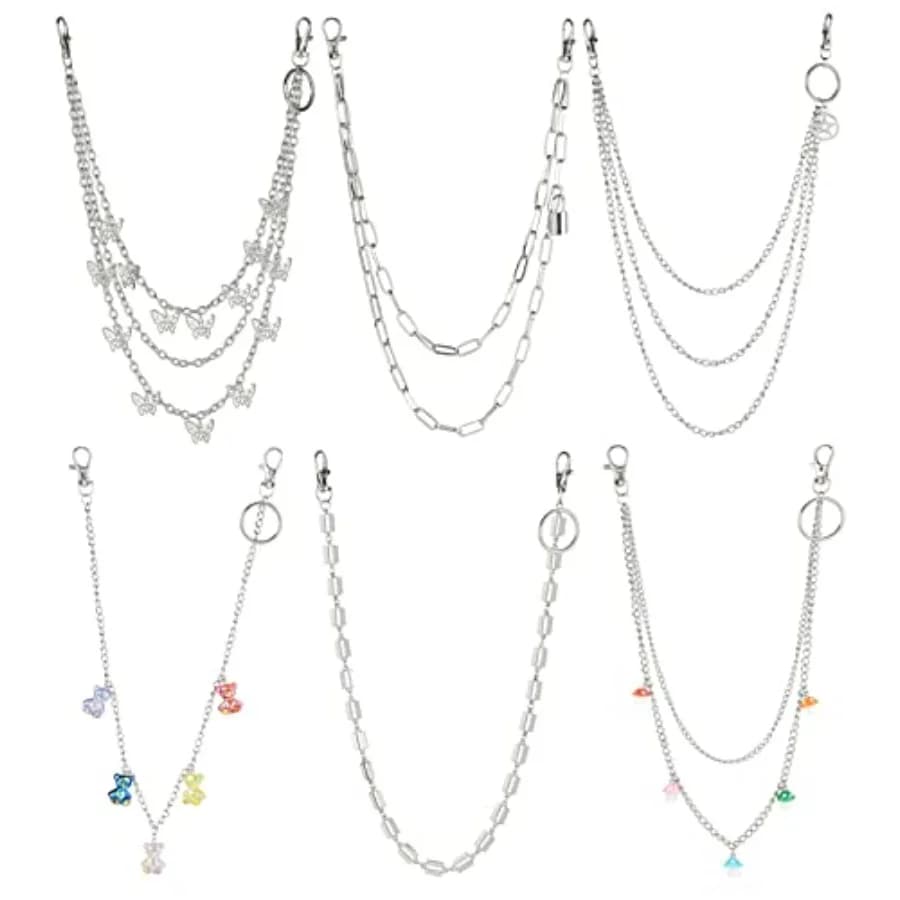 6 Pieces Pants Chain Wallet Chain Butterfly Lock Charm Jeans Chains Pocket Punk Chain Hip Hop Rock Chains for Women Men