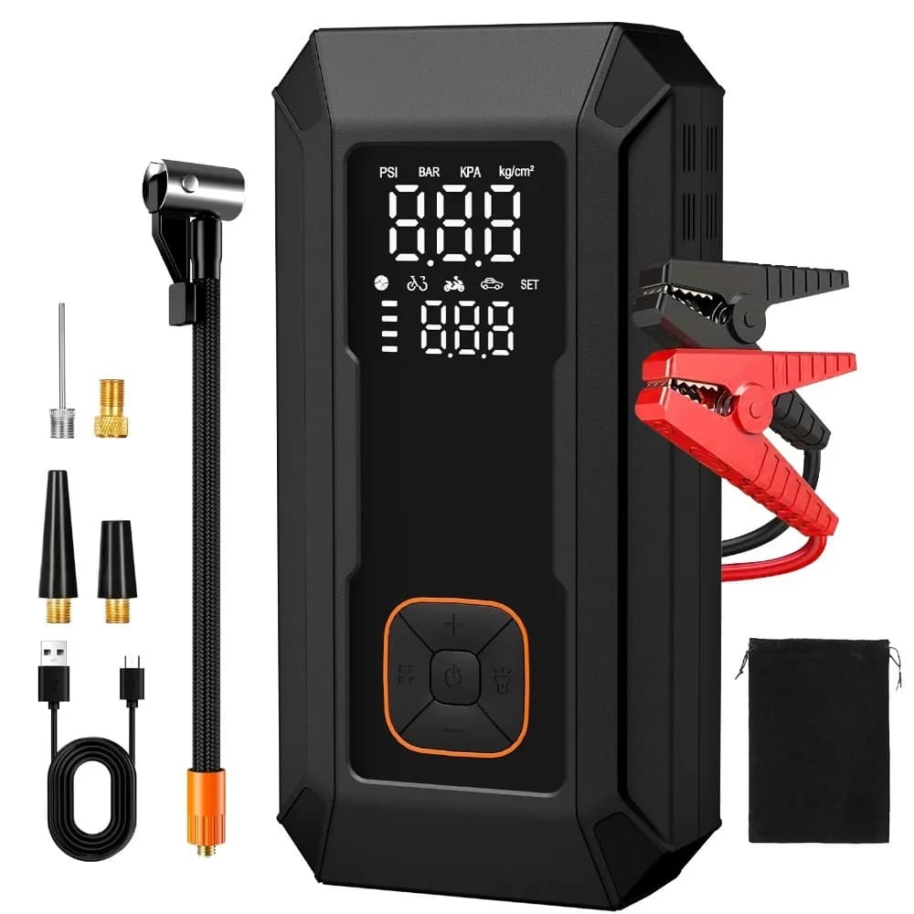 Avviatore di Emergenza Portatile con Pompa d'Aria, Avviatore per Auto 3000A con Compressore d'Aria 150PSI, Gonfiatore Pneumatici, Luce LED