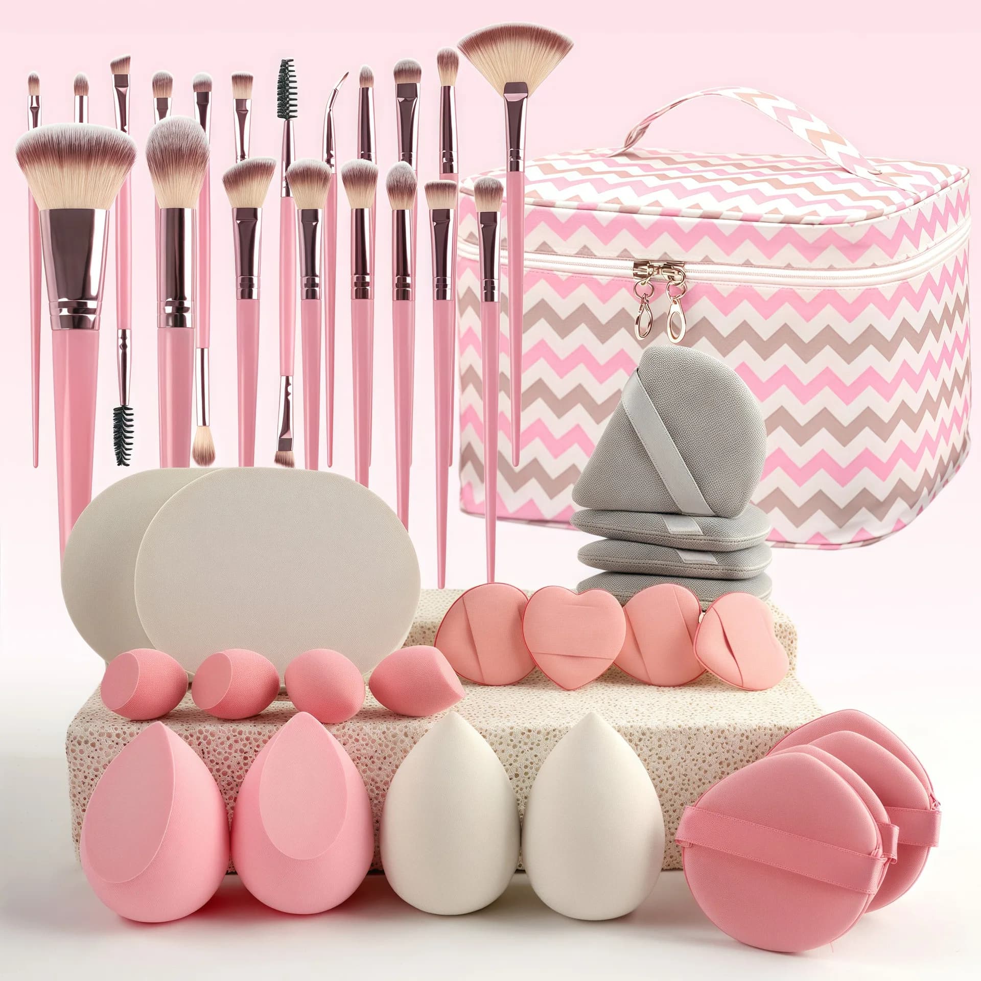 All-in-one 43 Pcs Pink Makeup Set Flocking Triangle Puffs Cosmetic Brushes & Sponges High Value Travel Case Box New 2026 Kit