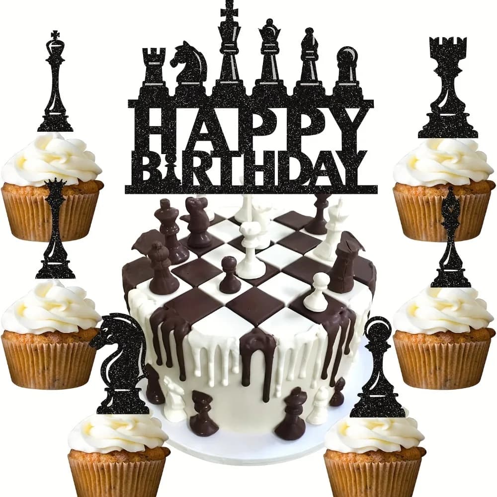 13pcs Chess Cake Decorations Chess Happy Birthday Cake Toppers Black Chess Theme Cake Decoration for Baby Shower Birthday Party