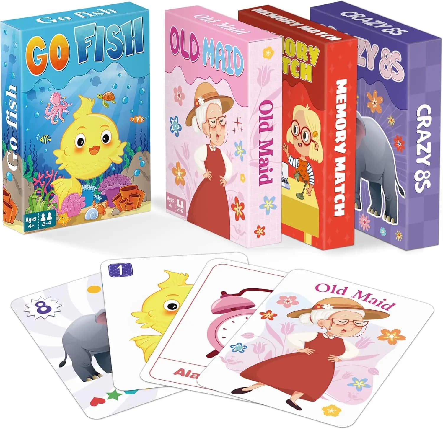 [Giochi di carte per bambini] Go Fish, Old Maid, Memory Match e Crazy 8s per bambini dai 4 agli 8 anni, divertenti giochi di carte per bambini piccoli per feste in famiglia