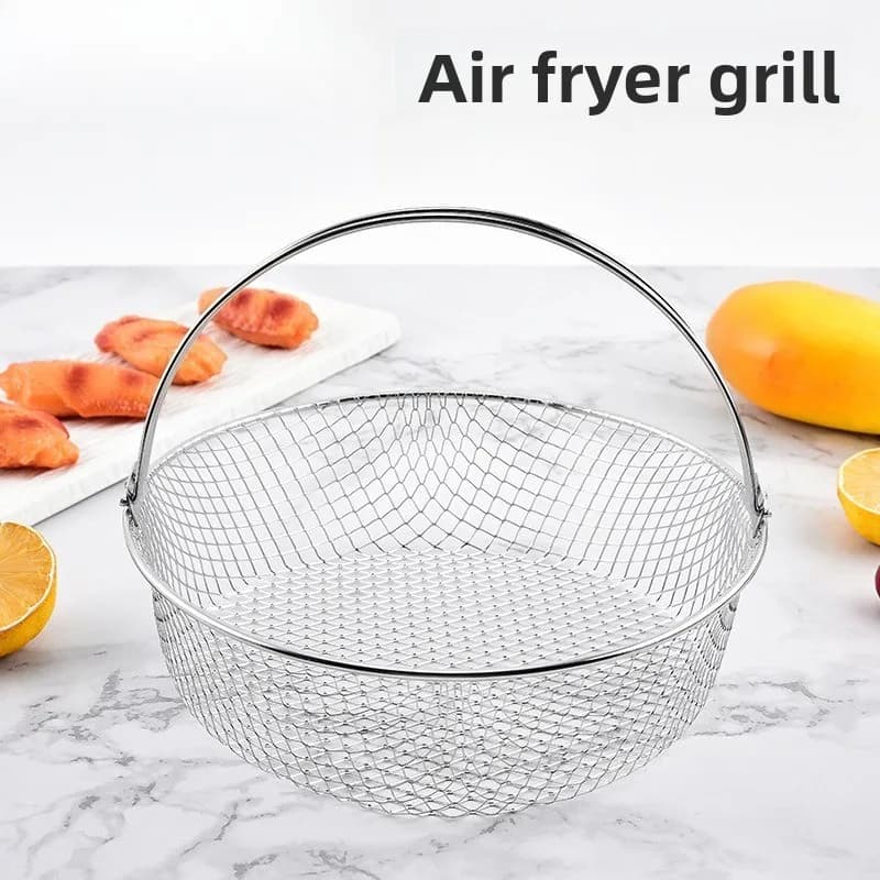 Stainless steel air frying basket with double handle, mesh basket, round steam cooking grill, dehydration grill, filter basket