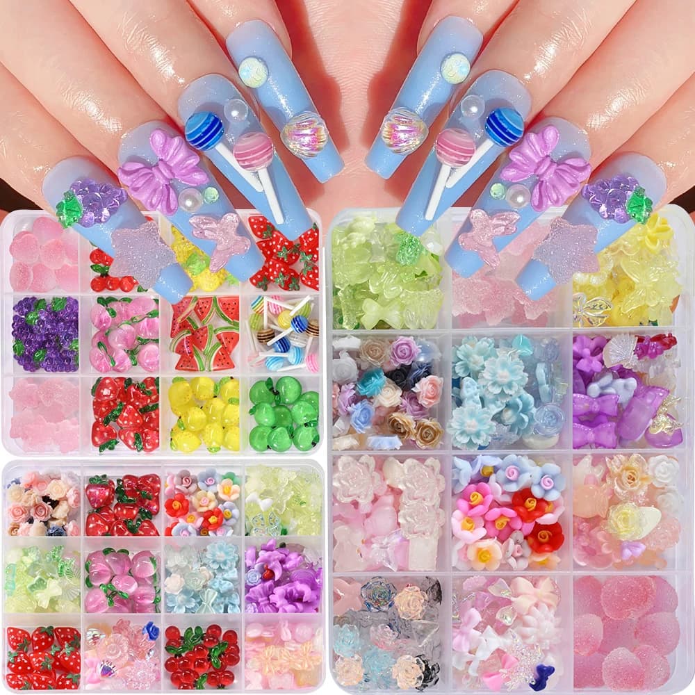 12 griglie 3D lecca-lecca frutta del fumetto nail art strass resina flatback fragola uva pendenti per unghie gioielli fai da te gemme decorazione