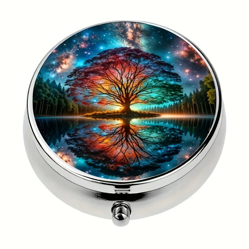 1 metal pill organizer with a blessing tree design - a portable medicine container with 3 compartments, perfect for compact travel in a purse or handbag, a unique gift idea, and a travel pill organizer for medication