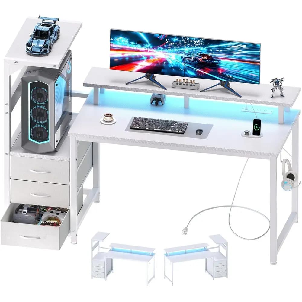 Scrivania da Gaming a L Bianca da 52 Pollici con Luci LED, Ripiani Portaoggetti e Gestione Cavi per Configurazione a Doppio Monitor