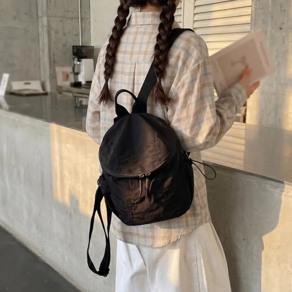 Korean Style Black Minimalist Drawstring Backpack, Casual Lightweight Nylon Daypack,Daily Commute Shopping and Casual Outings