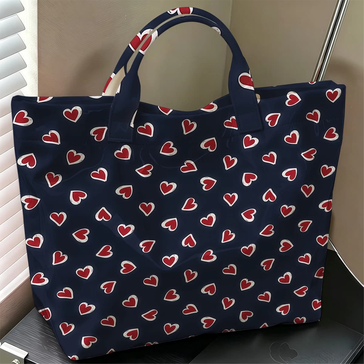Dark Red Heart Stylish Large Glossy PVC Tote Bag Washable Waterproof Durable Ideal for Travel Commute Cosmetics Books Handbags