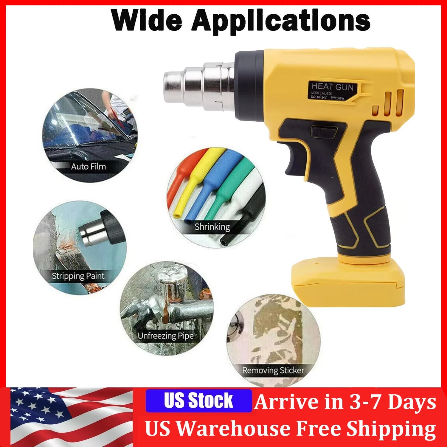 Pistola ad aria calda portatile senza fili da 360 W con 4 ugelli per utensili elettrici per apparecchiature di riscaldamento con batteria agli ioni di litio Dewalt 20 V Max