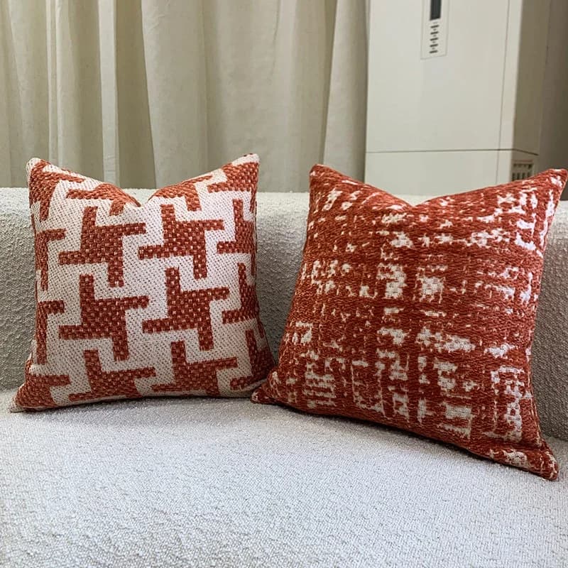Set di Copricuscini con Motivi a Pied-de-Poule e Geometrici - Fodere per Cuscini in Terracotta e Beige per Arredamento Moderno