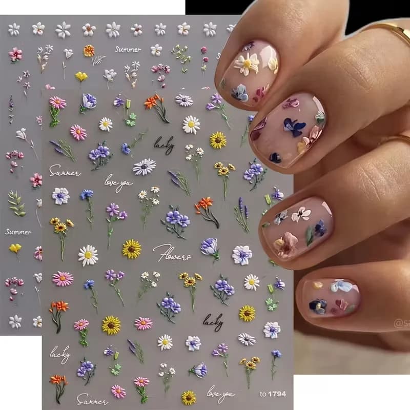 1 pz 5D Daisy & Wildflower Adesivi per unghie in rilievo Colori vivaci Decalcomanie autoadesive floreali Manicure fai da te Regali di festa perfetti