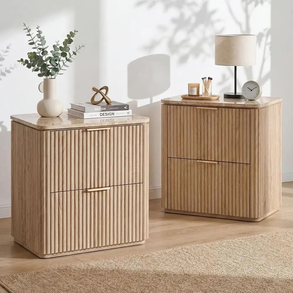 Comodino in Quercia con 2 Cassetti e Piano in Marmo, Design Curvo, Maniglie in Metallo, Adatto per Camera da Letto o Soggiorno, Tavolino Laterale