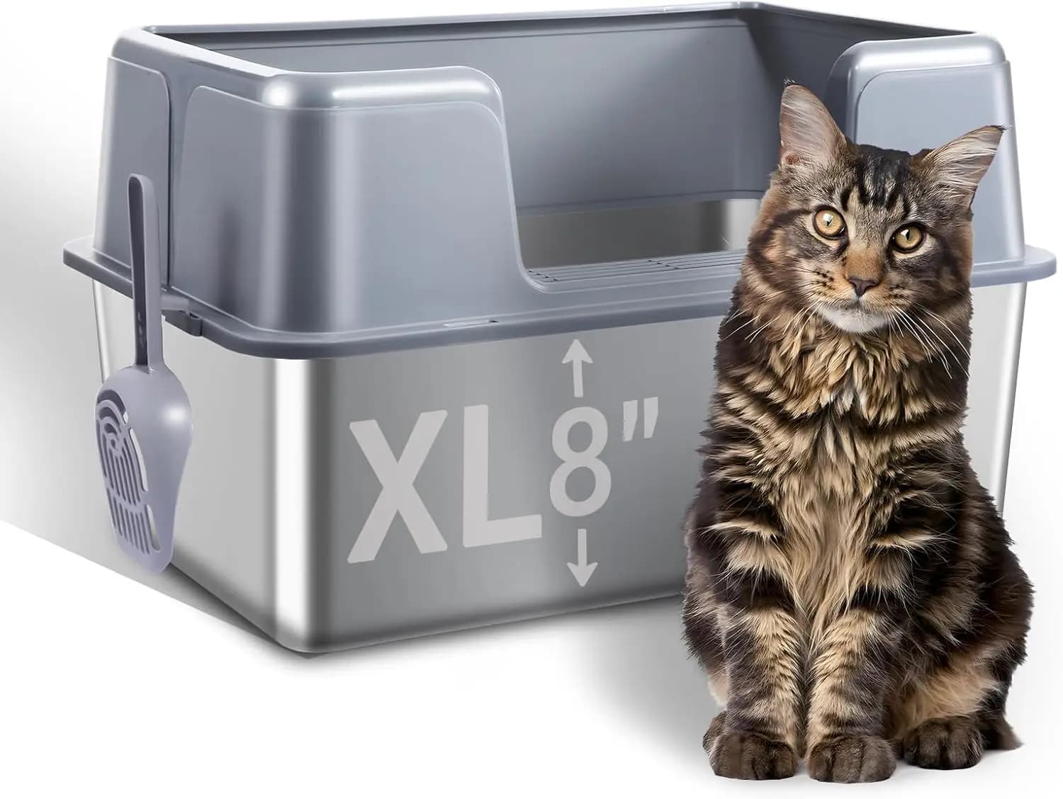 Lettiera per Gatti XL in Acciaio Inossidabile con Coperchio, Recinto a Bordi Alti per Gatti Grandi, Anti-Perdita, Facile da Pulire