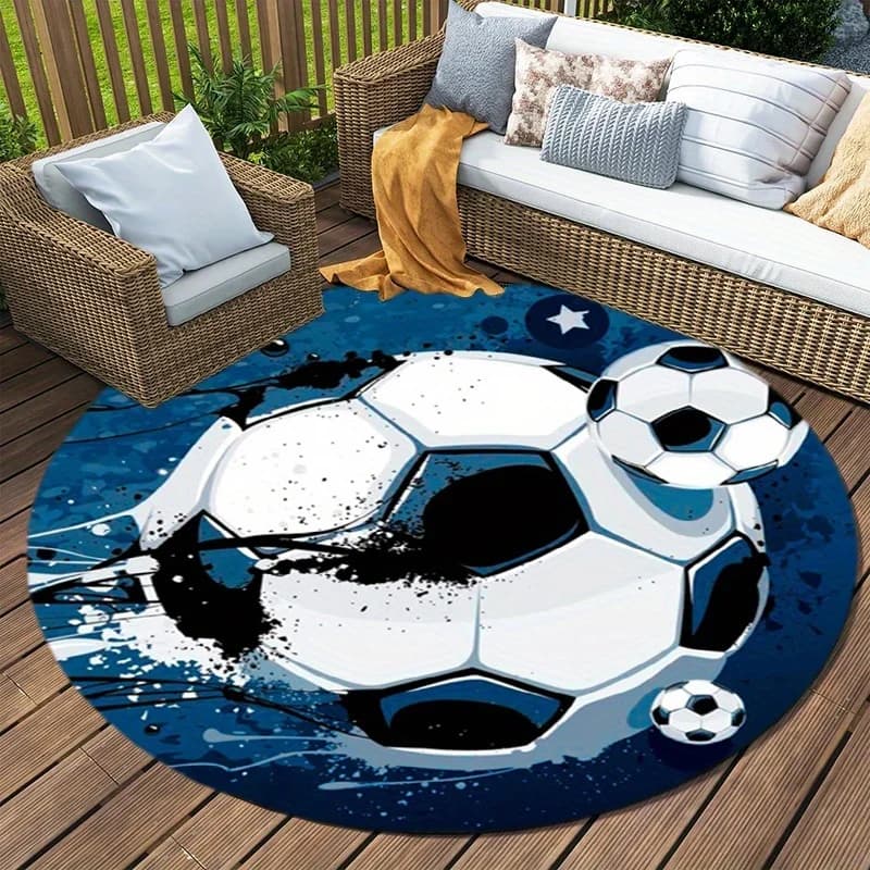 Newest 2D Blue Splash Soccer Ball Round Rug Non Slip Sports Outdoor Patio Floor Carpet