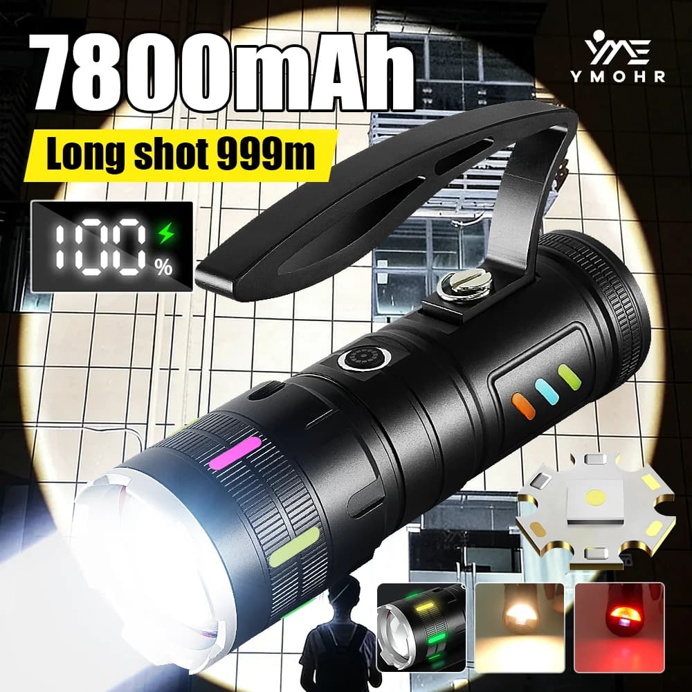 Torcia LED Ricaricabile ad Alta Potenza con Batteria da 7800mAh, Luce Bianca Laser, Torcia Tattica, Power Bank, Lanterna per Pesca e Campeggio