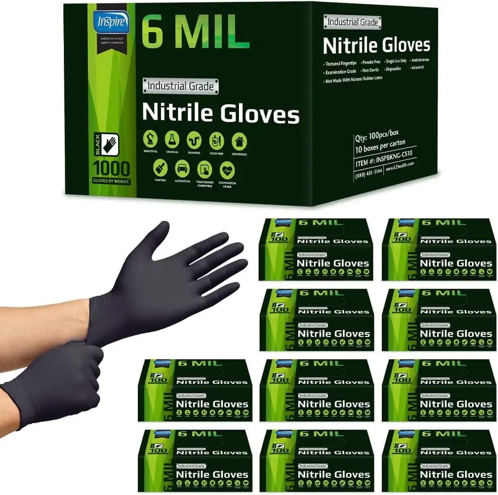 Guanti in Nitrile Resistenti, Monouso, Senza Lattice, 6mil Neri o 8mil Arancioni per Alimenti e Meccanica