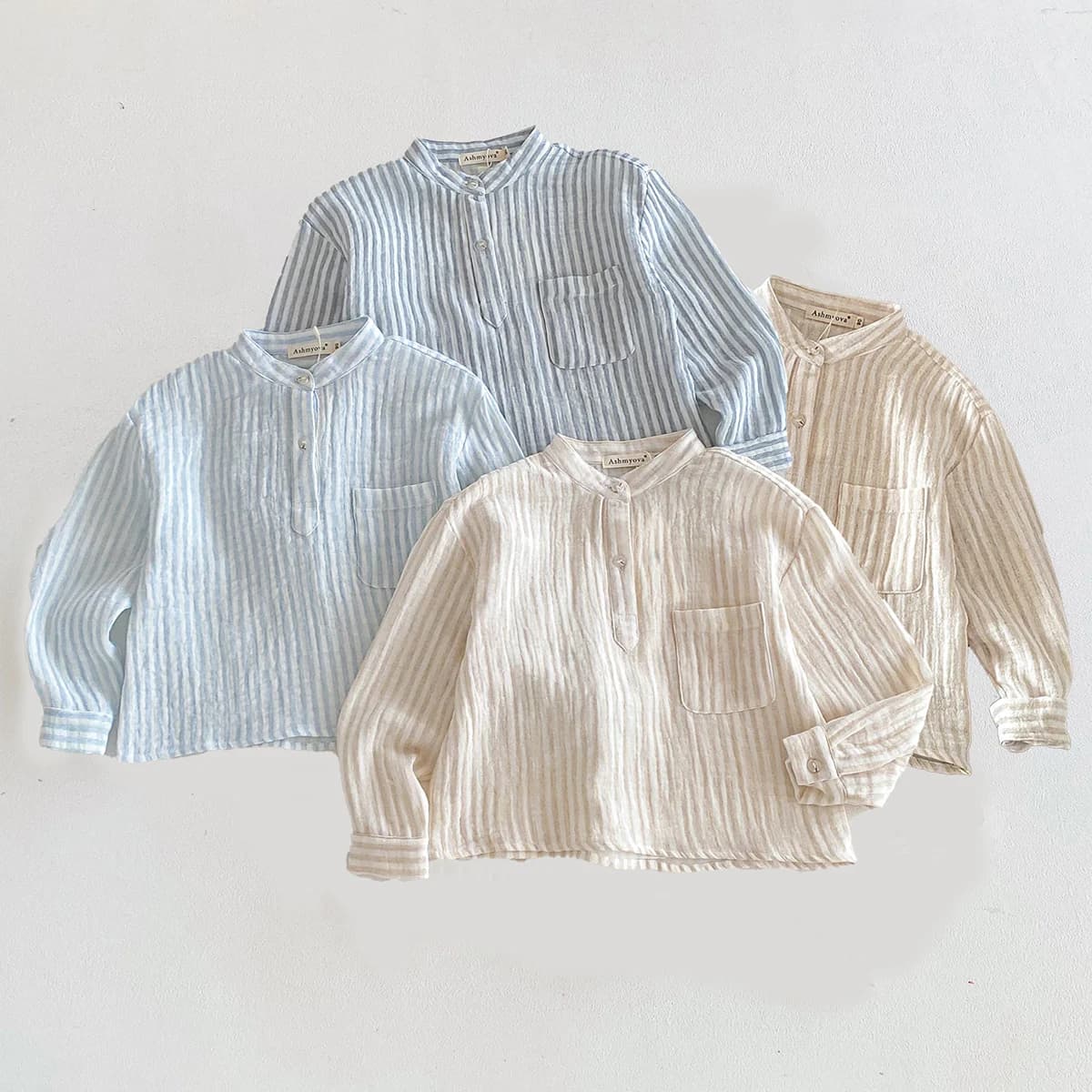 Camicia di lino in cotone Ragazzi Henley Collo Tasca Casual Manica lunga Stripe Ragazzi Top T-shirt Vintage per bambini Streetwear per 2-8T