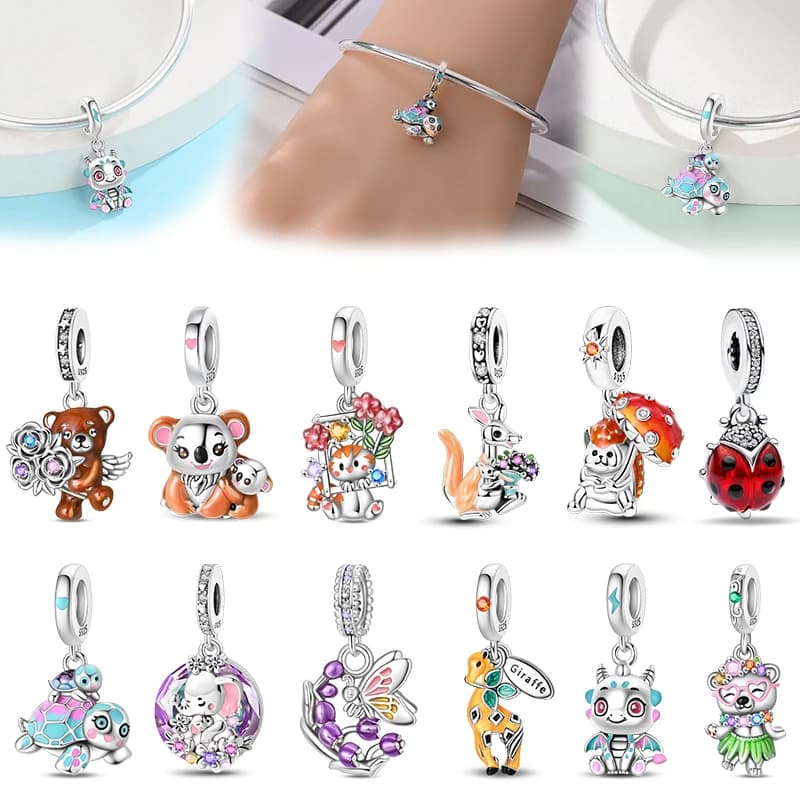 Ciondoli originali in argento sterling 925 con perline luminose luminose, lucciole, farfalle, simpatici pendenti con animali per gioielli con ciondoli per braccialetti