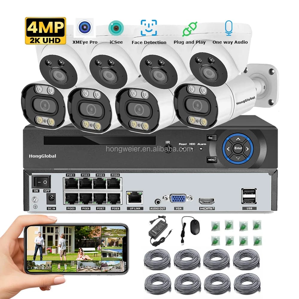 HongGlobal 4MP 8CH 2K Network Recorder POE NVR Set Home Security Camera Kit IP Surveillance System Wireless CCTV Camera System