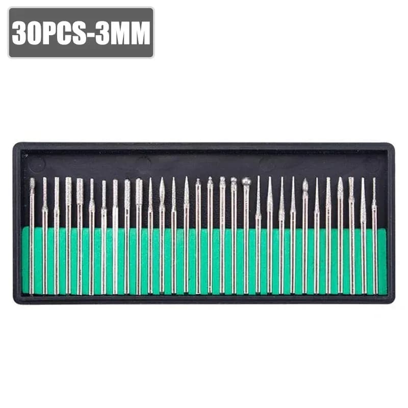 30Pcs Diamond Burs Set 2.35/3mm Shank Rotary Tool Accessories For Dremel Electric Grinder Abrasive Drill Bits With Storage Box