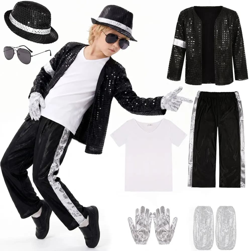 Costume da Michael Jackson per Bambini, per Halloween, Feste di Compleanno, Spettacoli di Danza, Outfit da Star Pop per Ragazzi e Ragazze