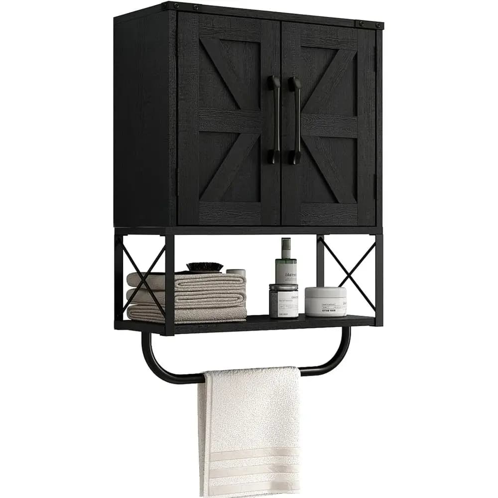 Armadietto Rustico a Porta Scorrevole, Mobiletto da Parete con Ripiani Regolabili e Barra Porta Asciugamani, a 3 Livelli per Bagno o Soggiorno