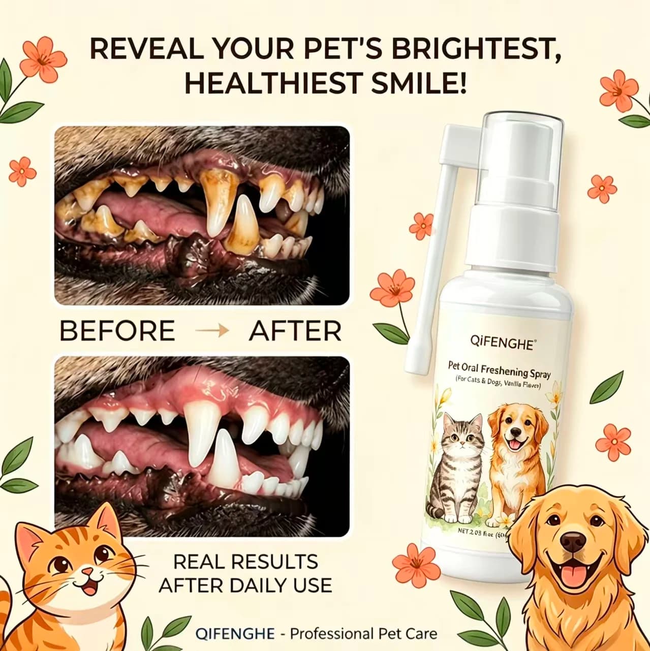 QiFENGHE Pet Oral Freshening Spray, No-Brush Teeth & Gums Cleaner, Vanilla Flavor, Safe Daily Use for Cats & Dogs, 60ml (2.03 Fl