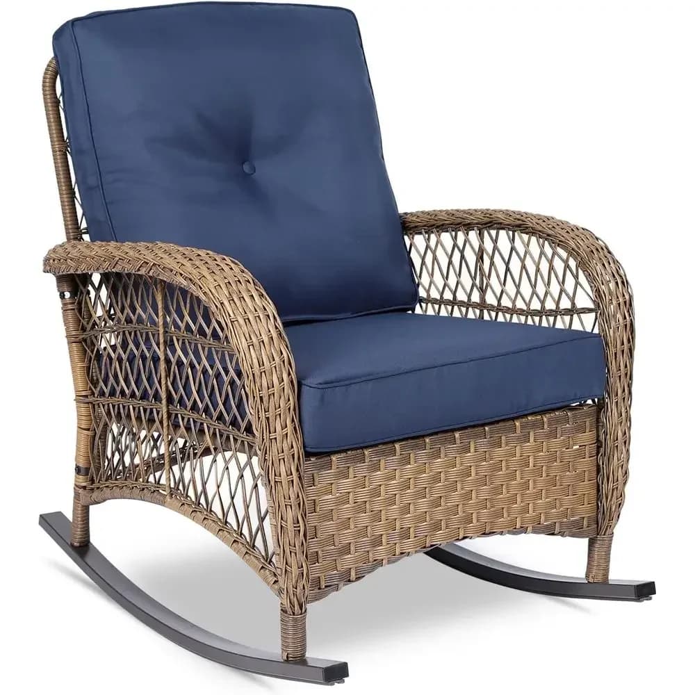 All-Weather Navy Blue Outdoor Wicker Rocking Chair with Cushions for Patio, Lawn, or Garden